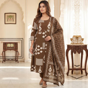 Sima Brown Cotton Printed With Handwork Fancy Kurti Set